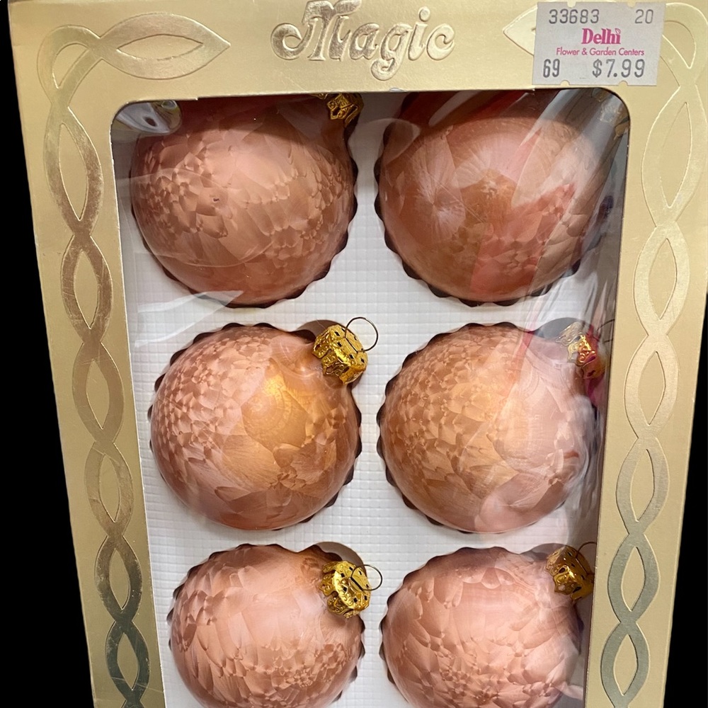 Vintage Magic Metallic Rose Gold Jewel Christmas Ornaments Balls Set of 6 Brush